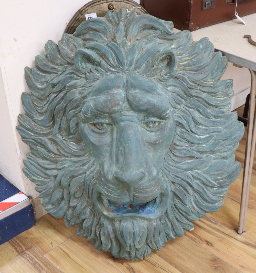 A large fibre glass lion mask fountain head, height 88cm